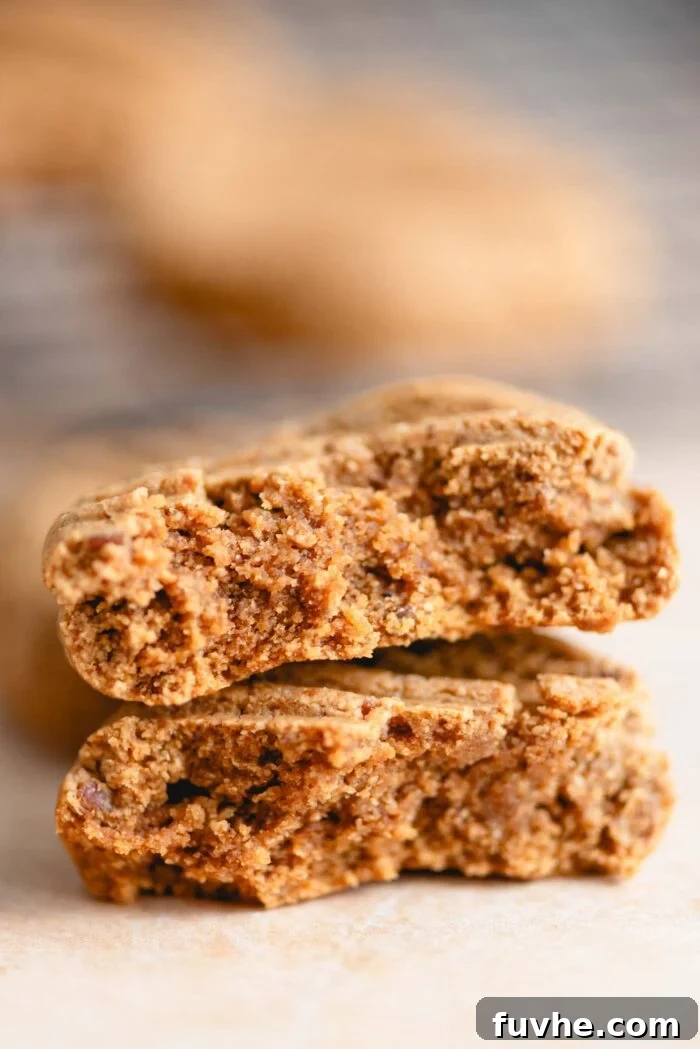 Scrumptious Peanut Powder Cookies 9 A beautifully broken peanut butter powder cookie, showcasing its soft, chewy interior, stacked on top of another whole cookie to highlight texture.