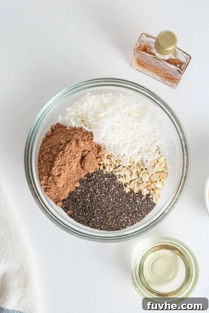 A glass mixing bowl brimming with a dark, crumbly blend of cocoa powder, shredded coconut, chia seeds, and oats, ready for the wet ingredients.