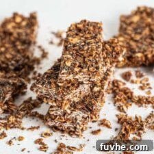 A stack of three decadent chocolate chia energy bars, adorned with oats and ready to energize your day.
