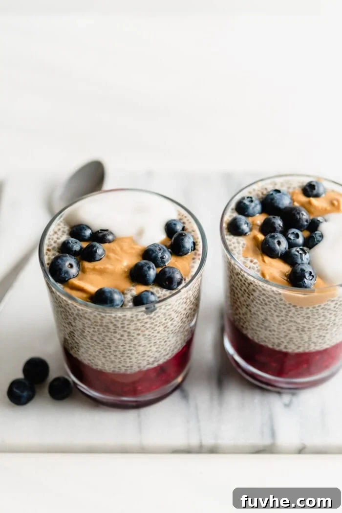 Peanut Butter Jelly Chia Bliss 7 A jar of peanut butter jelly chia pudding, beautifully topped with fresh blueberries, a dollop of coconut yogurt, and a swirl of peanut butter.