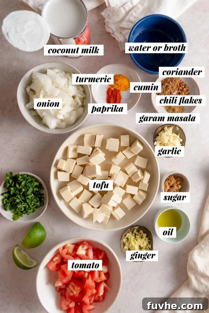 All the ingredients needed for making a vegan tofu coconut curry recipe with tomato, spices, onion and garlic.