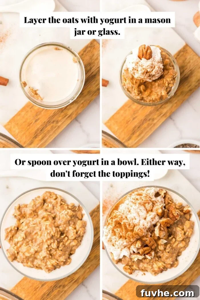 Spiced Pumpkin Overnight Oats 6 Collage of images of pumpkin overnight oats topped with whipped cream and pecans, showcasing different serving styles.