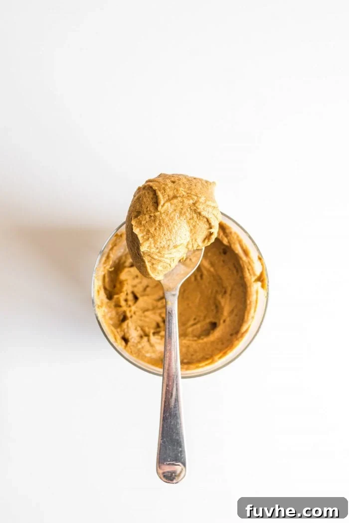 Pumpkin Power Pudding 3 Spoon filled with vegan pumpkin pie protein pudding.