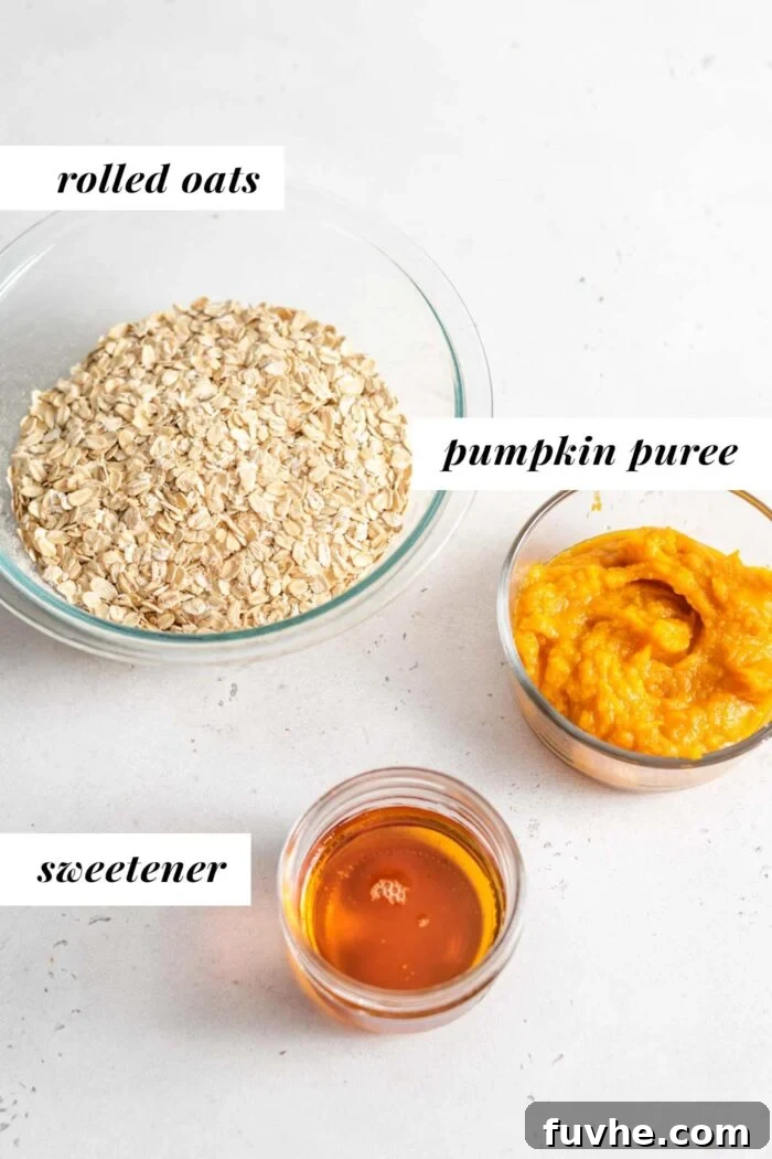 Plain pumpkin puree, rolled oats, and maple syrup, the three core ingredients for healthy pumpkin oat cookies, displayed in individual containers.