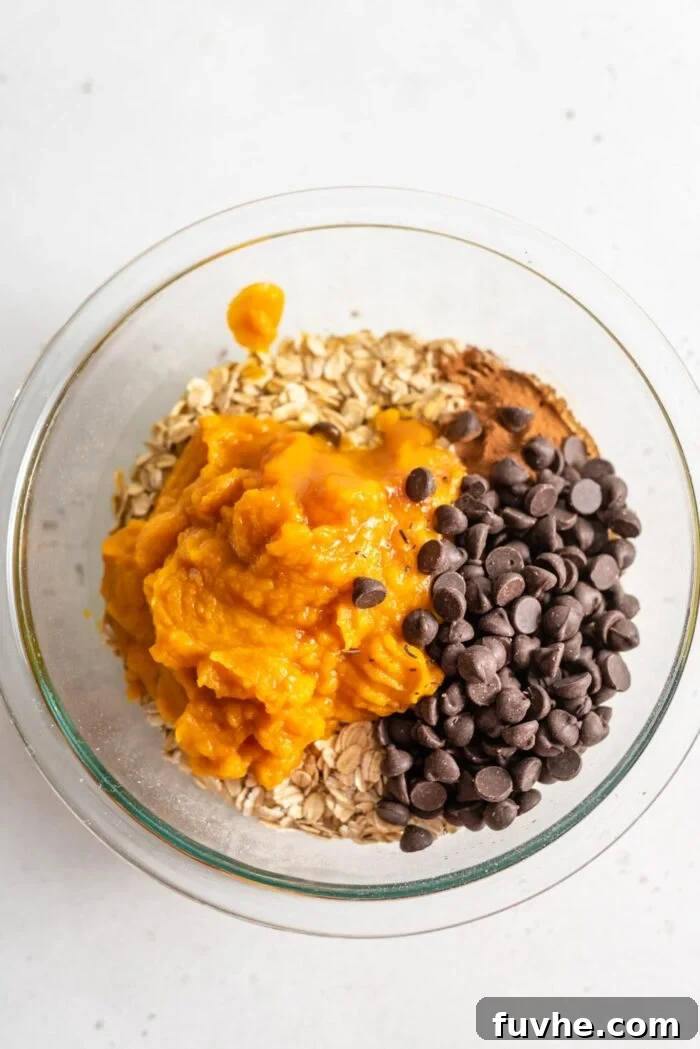 Pumpkin puree, rolled oats, dairy-free chocolate chips, and cinnamon in a clear glass mixing bowl, ready to be combined into cookie dough.