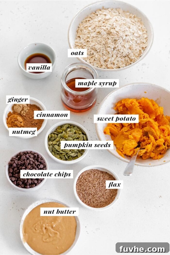 Sweet Potato Spice Cookies 3 Visual representation of all ingredients needed for making healthy vegan sweet potato cookies, neatly arranged and labeled.