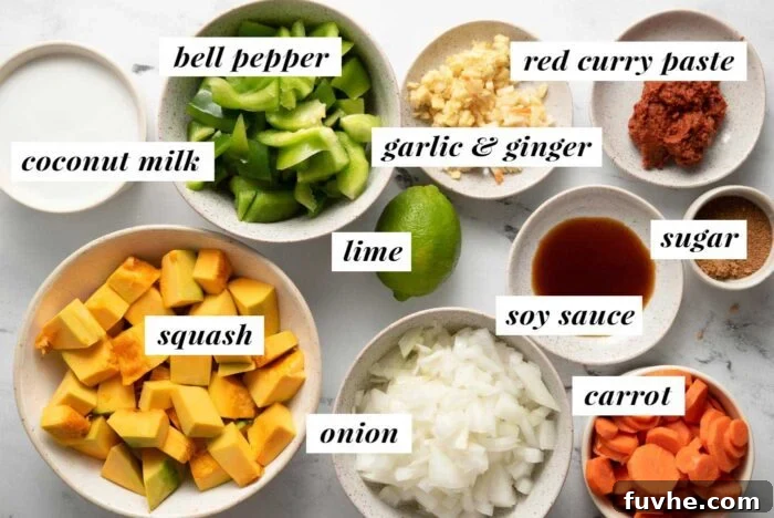 Spiced Kabocha Delight 3 A visual guide displaying all the fresh and pantry ingredients needed to prepare a delicious kabocha squash red curry, clearly labelled for easy identification.