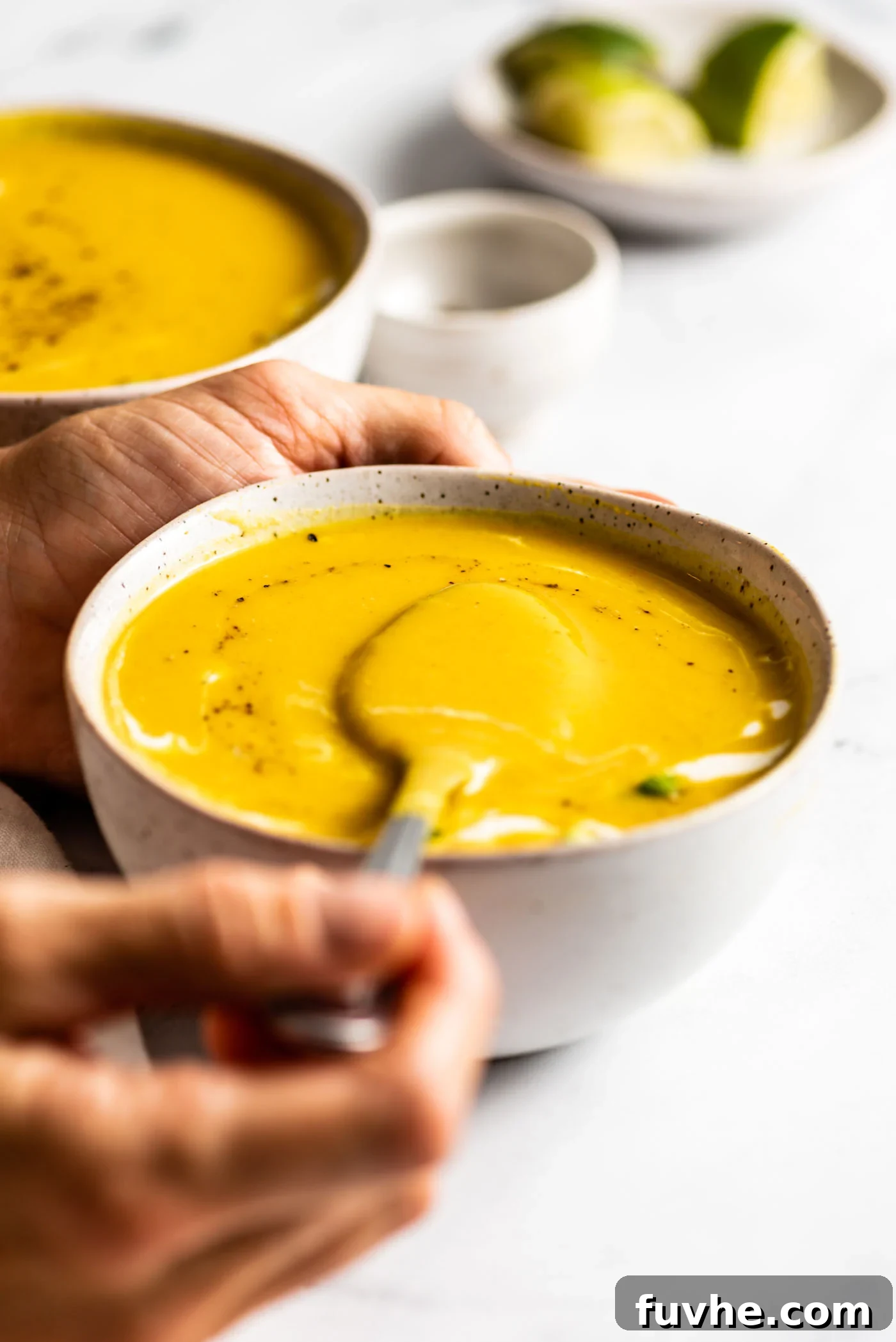 Silken Kabocha Squash Soup 2 A hand holds a spoon, lifting a creamy spoonful of golden kabocha squash soup from a rustic bowl, showcasing its rich texture.