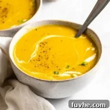 A beautifully presented bowl of creamy squash soup, garnished with a swirl of cream, and a spoon resting within, with another bowl in the background.