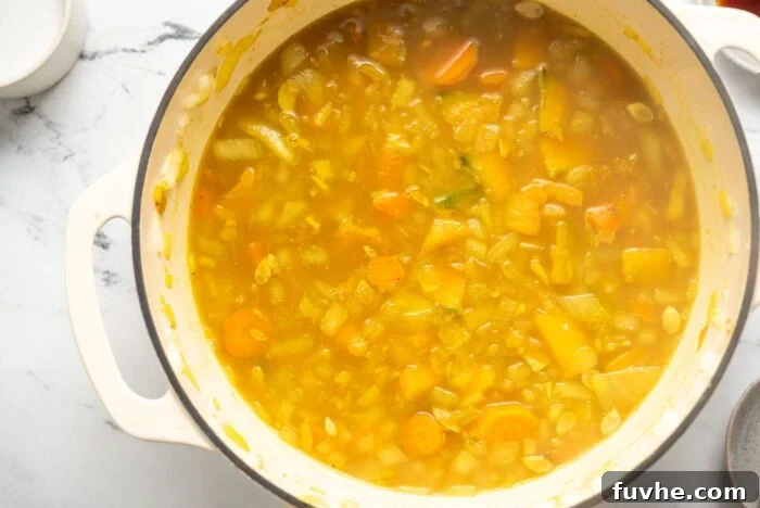 Silken Kabocha Squash Soup 8 Cubed kabocha squash and sautéed vegetables simmer gently in a rich, curried vegetable broth within a large pot.