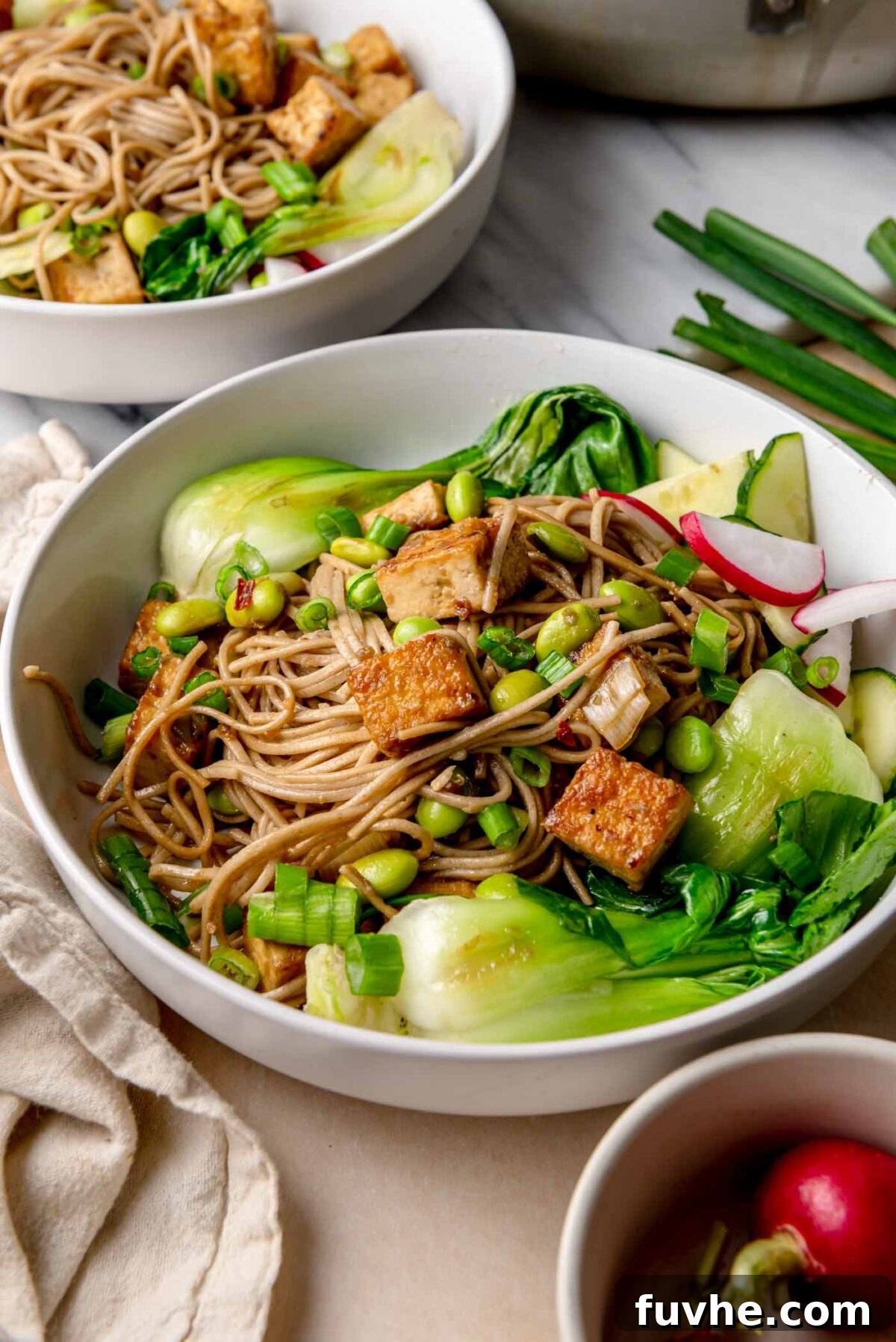Umami Tofu Soba Bowl 2 A beautifully arranged white bowl showcasing light-brown soba noodles, golden crispy tofu cubes, bright green edamame, and glossy sautéed bok choy, garnished with sliced green onions and a sprinkle of chili flakes.