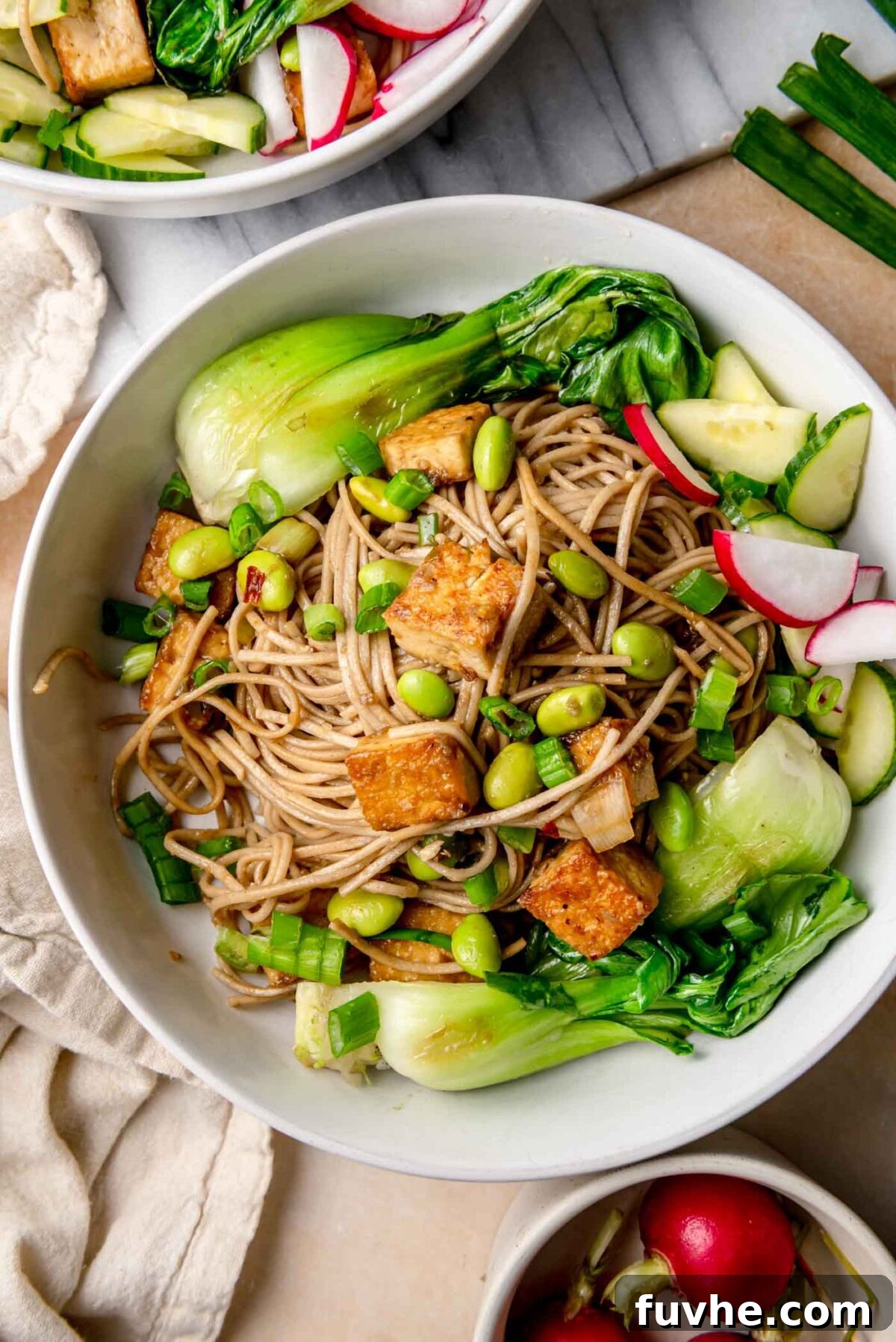 Umami Tofu Soba Bowl 10 A top-down view of a vibrant soba noodle bowl with perfectly seared tofu cubes, bright green edamame beans, tender bok choy, crisp cucumber, and colorful radishes artfully arranged around the glistening noodles, ready to be enjoyed.
