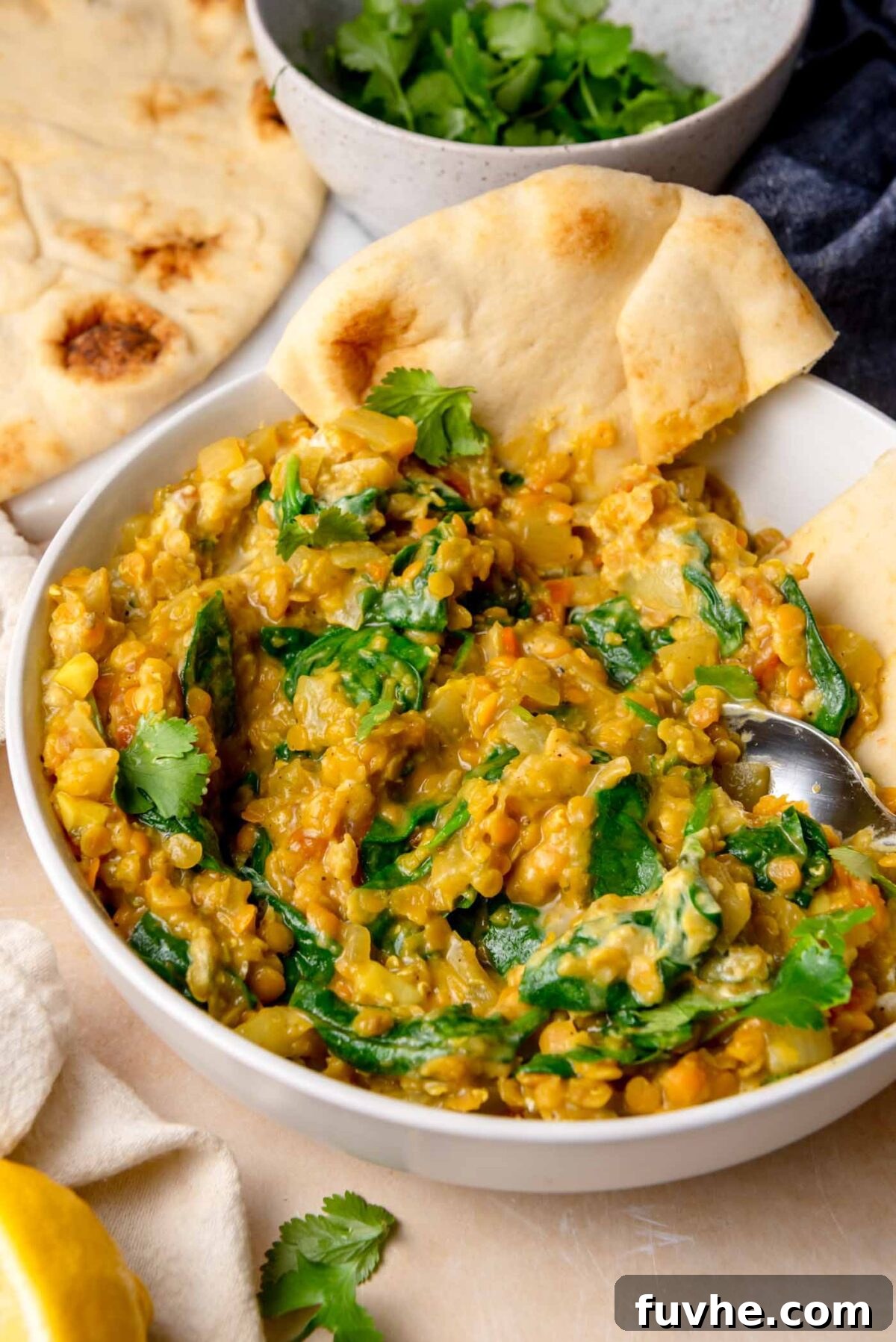 Bowl of spinach red lentil curry served with piece of naan and fresh cilantro on top.