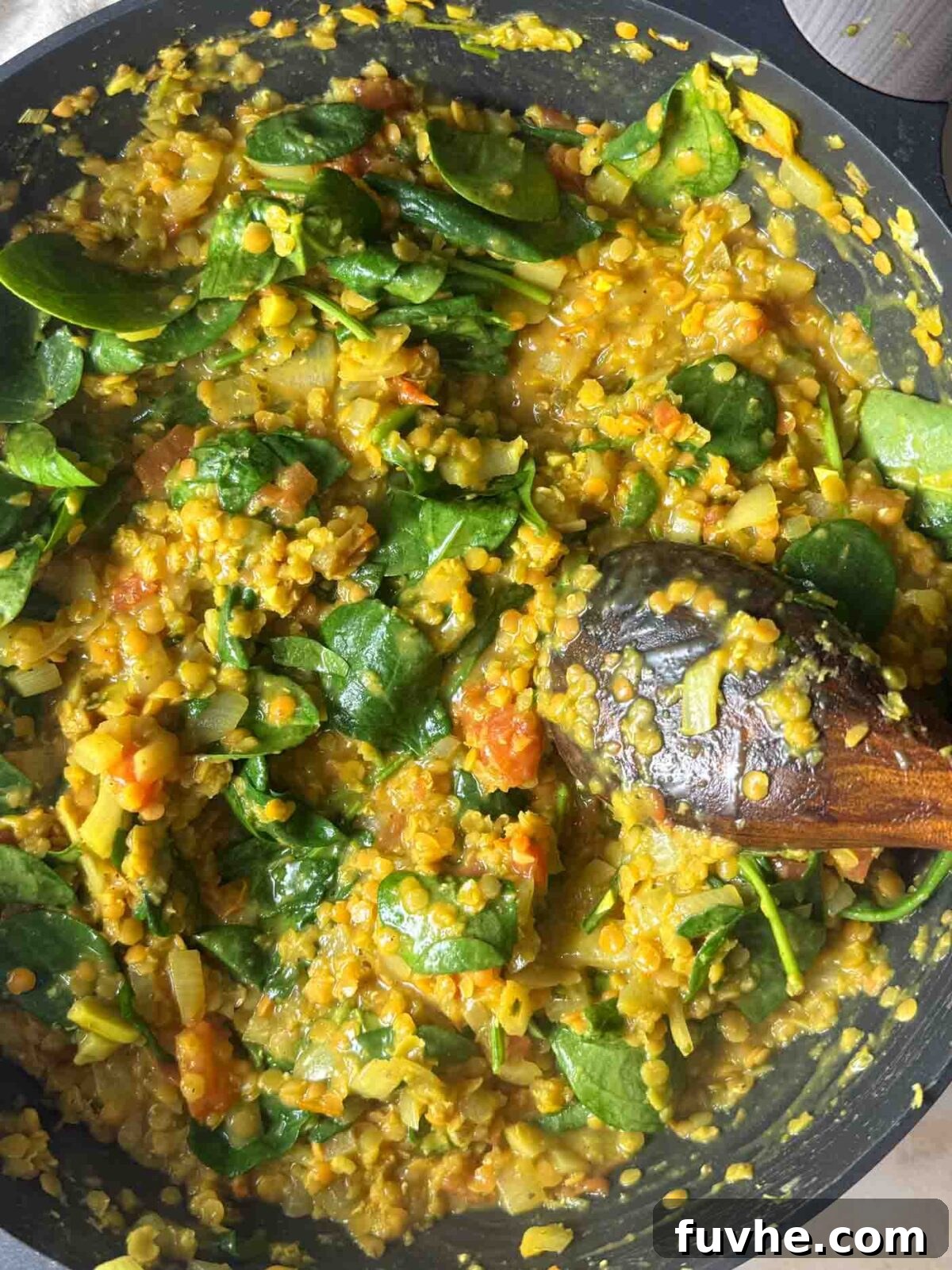 Red lentils and fresh spinach stirred into the curry mixture in a pan.