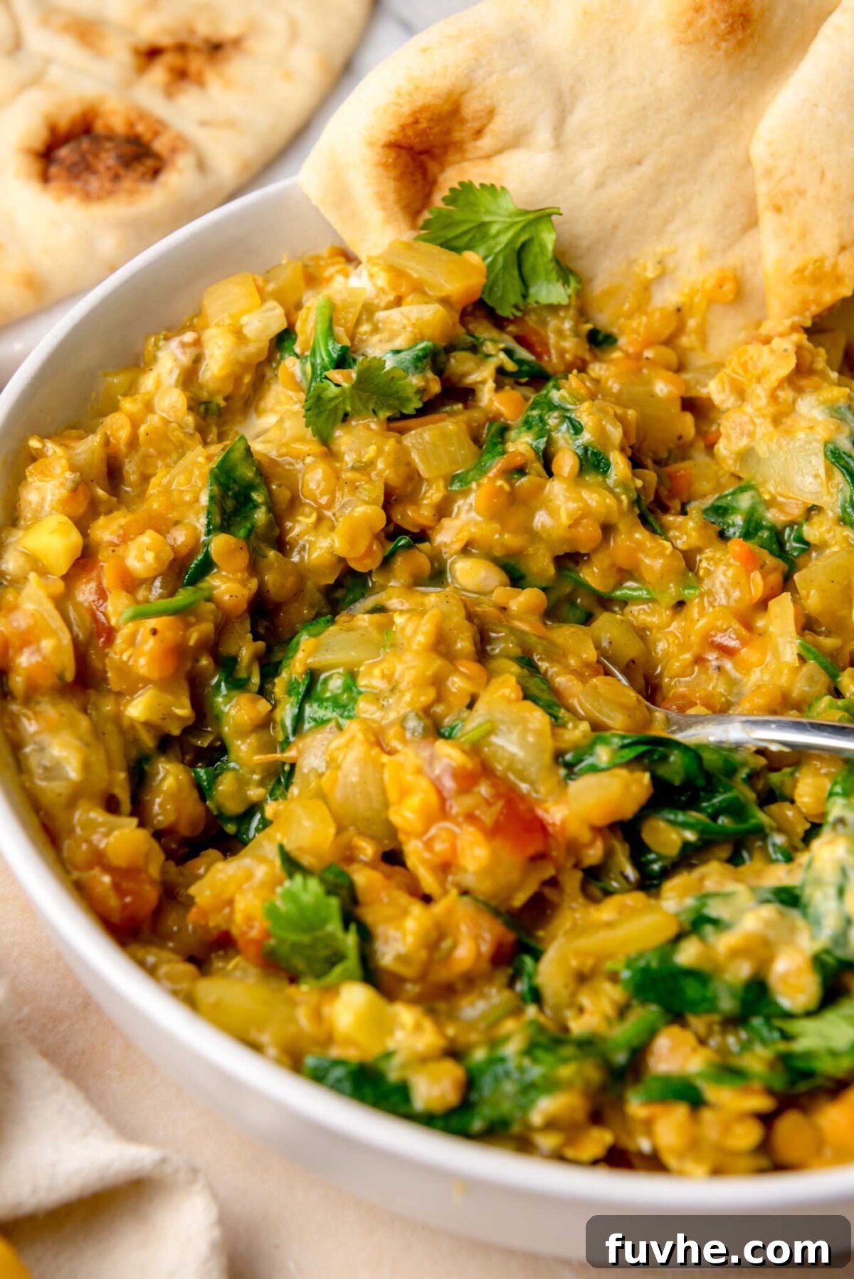 Bowl of spinach red lentil curry served with piece of naan and fresh cilantro on top and a spoon in the bowl.