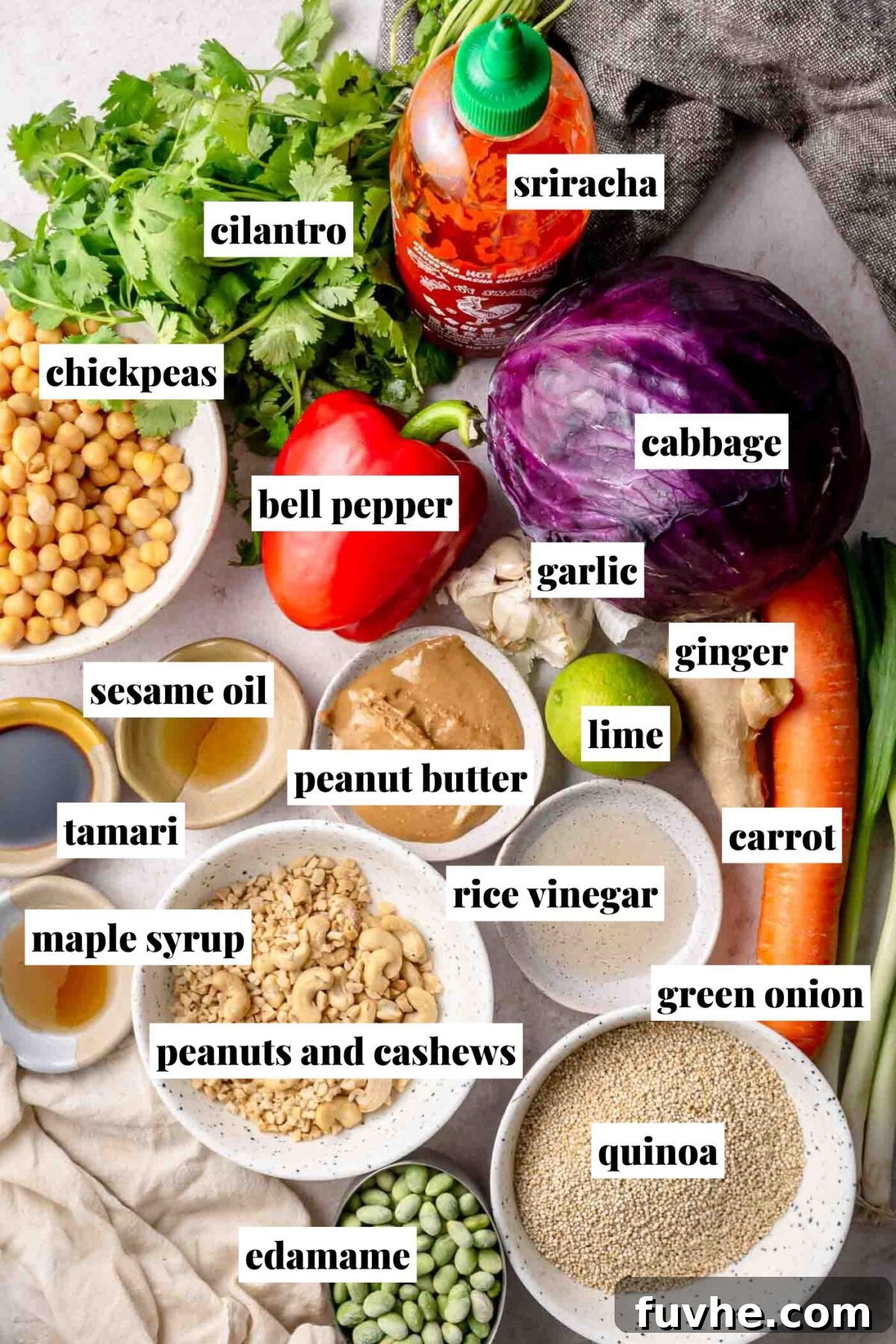Overhead view of ingredients for a Thai peanut quinoa salad, including quinoa, chickpeas, edamame, red cabbage, carrot, bell pepper, green onion, cilantro, garlic, ginger, lime, peanut butter, peanuts and cashews, sesame oil, tamari, rice vinegar, maple syrup, and sriracha.