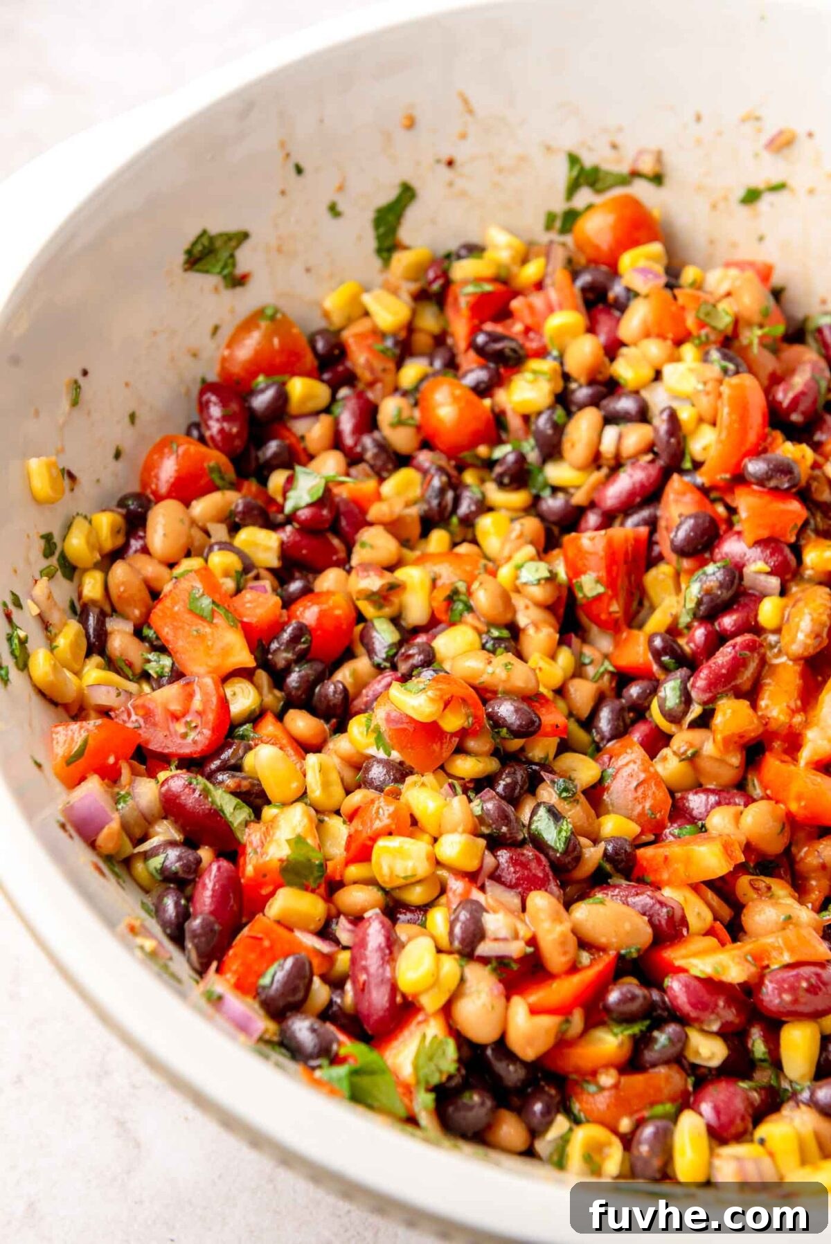 A large mixing bowl filled with a colorful medley of black beans, pinto beans, kidney beans, sweet corn, juicy tomatoes, diced red onion, and fresh cilantro, all generously coated in a smoky chipotle dressing.