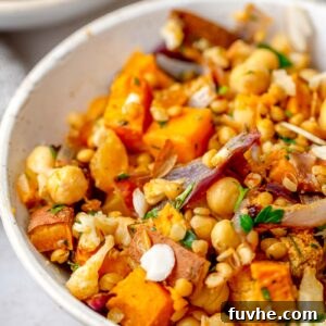 A close-up of the Harissa Roasted Vegetable Lentil Salad in a bowl.