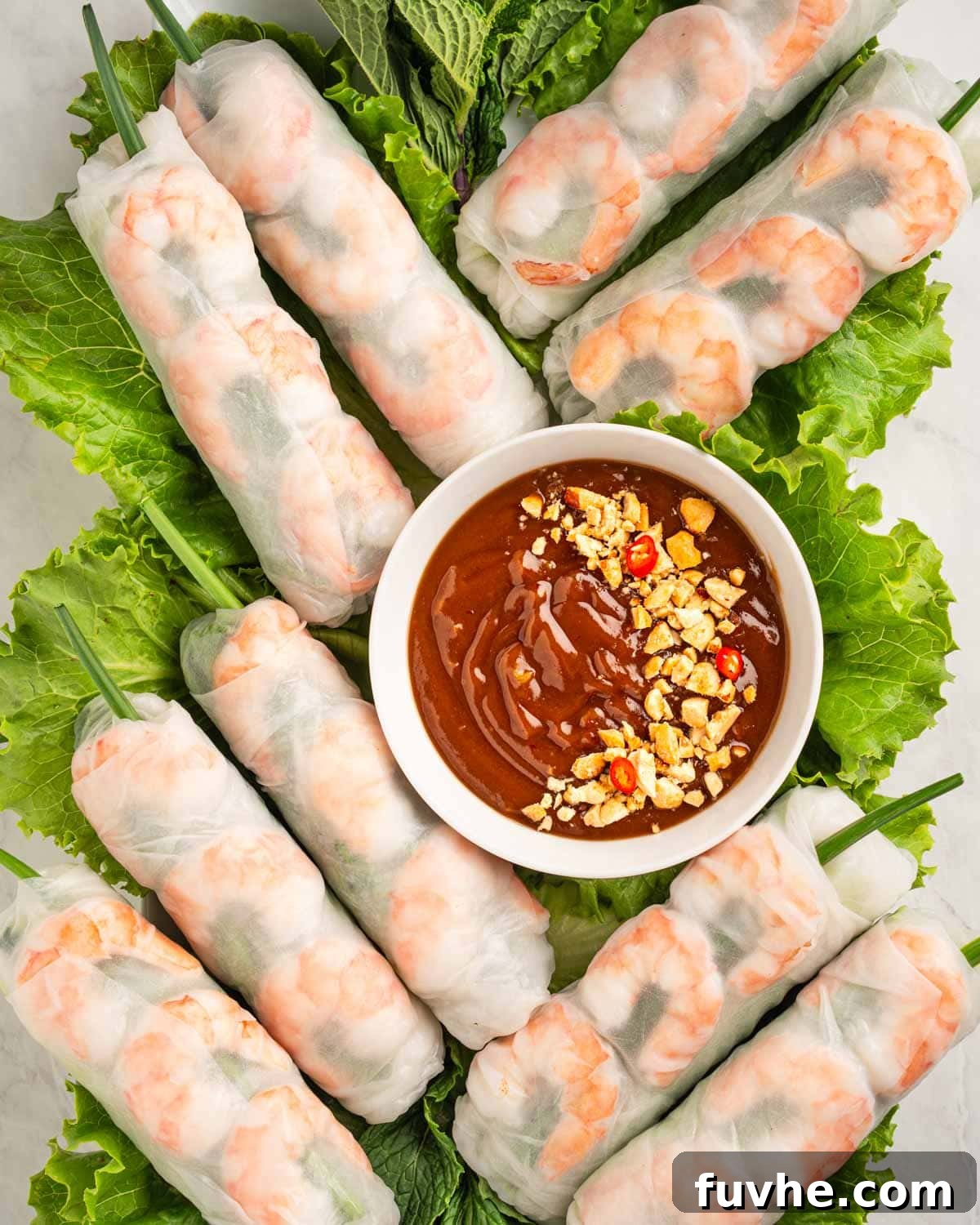 Vietnamese Fresh Spring Rolls (Gỏi Cuốn) — Authentic Recipe 16 Vietnamese spring rolls goi cuon on a plate of lettuce and herbs.