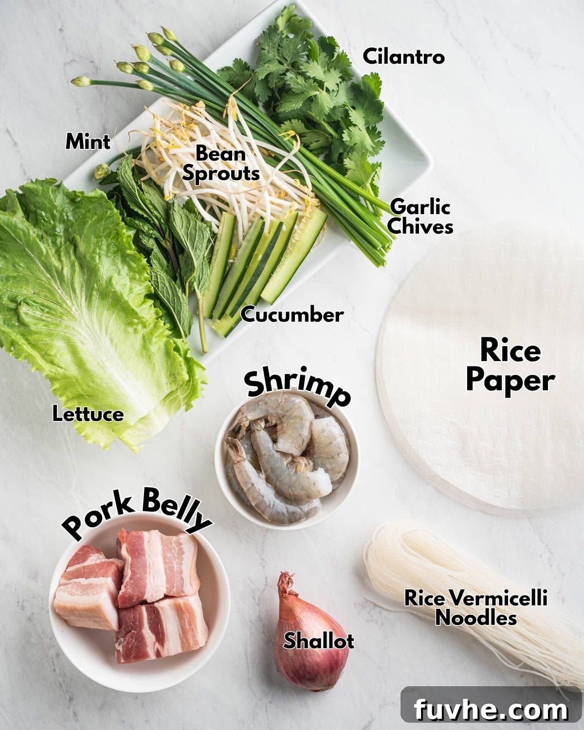Vietnamese Fresh Spring Rolls (Gỏi Cuốn) — Authentic Recipe 4 Uncooked ingredients for spring rolls labeled.