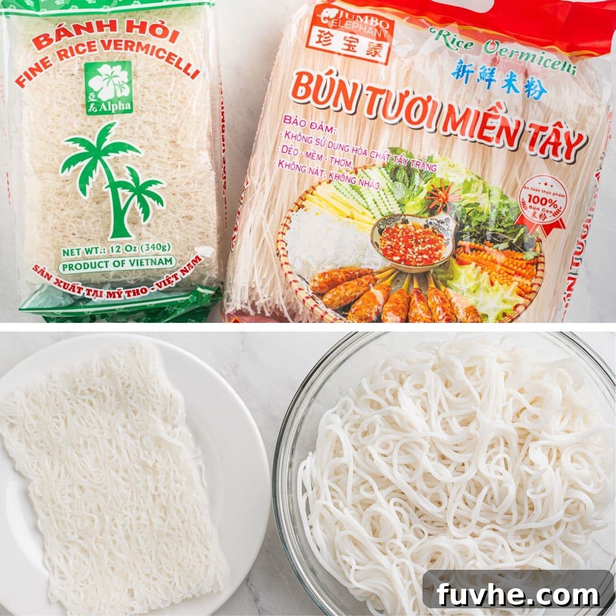 Vietnamese Fresh Spring Rolls (Gỏi Cuốn) — Authentic Recipe 6 rice vermicelli banh hoi and bun in package and cooked.