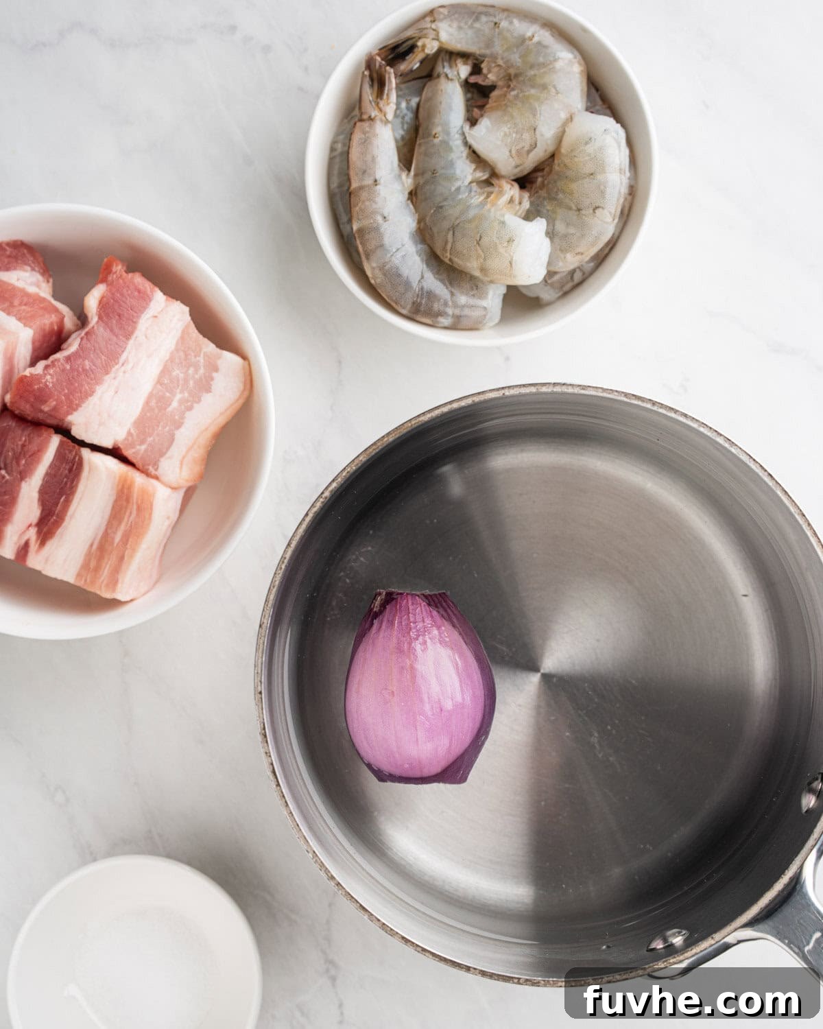 Vietnamese Fresh Spring Rolls (Gỏi Cuốn) — Authentic Recipe 7 pot of boiling water with bowls of raw pork belly and shrimp.