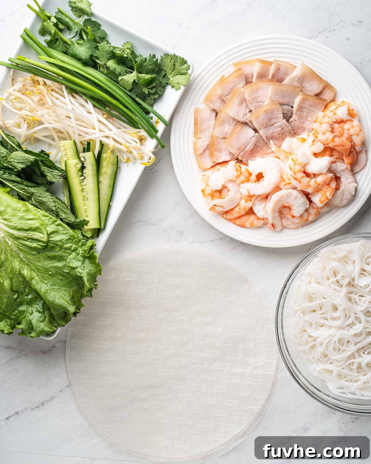 Vietnamese Fresh Spring Rolls (Gỏi Cuốn) — Authentic Recipe 8 cooked ingredients ready to assemble goi cuon spring rolls.